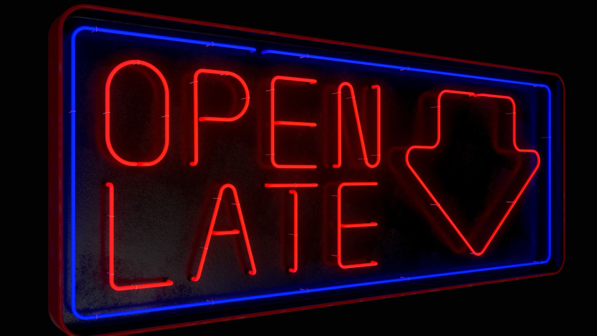 Bright red and blue neon sign reading "OPEN LATE" with downward arrow